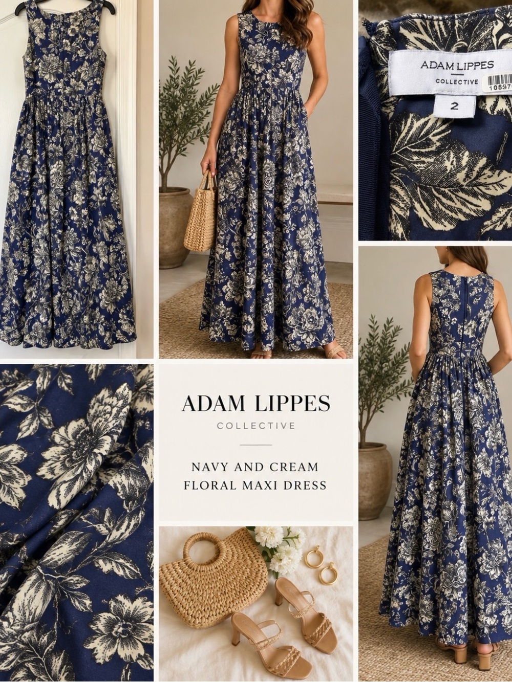 Adam Lippes Navy and Cream Floral Maxi Dress